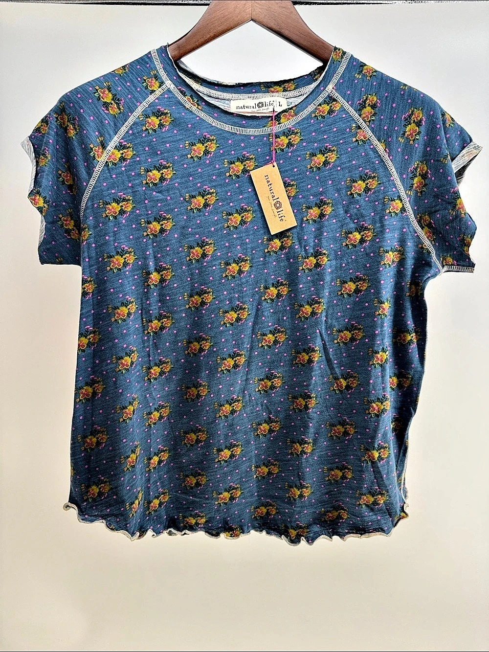 Natural Life Lily Cotton Short Sleeve Tee Shirt Floral Blue & Pink Large